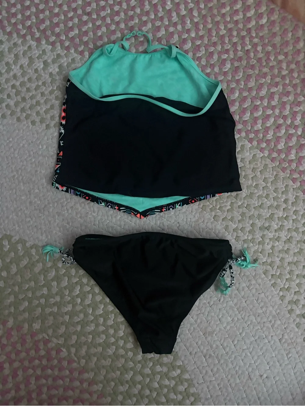 Girls Neon Geo Tankini Set - Black & Mint
